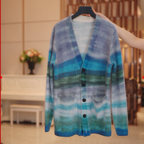 100% cashmere printed color blocked fleece jacket