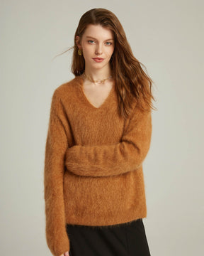 Brushed Cashmere V-neck Pullover Sweater