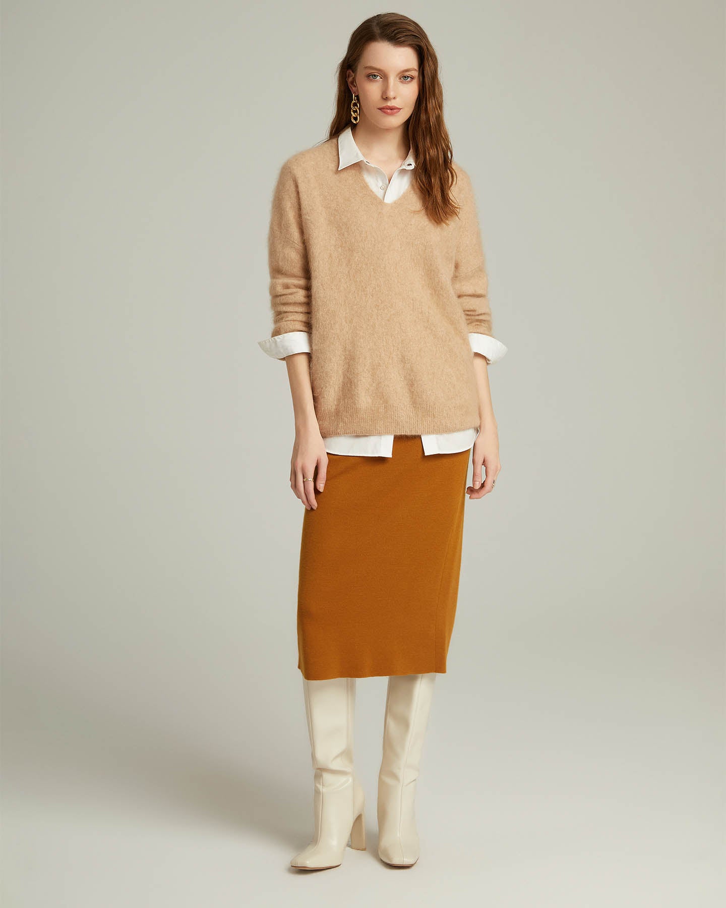 Brushed Cashmere V-neck Pullover Sweater