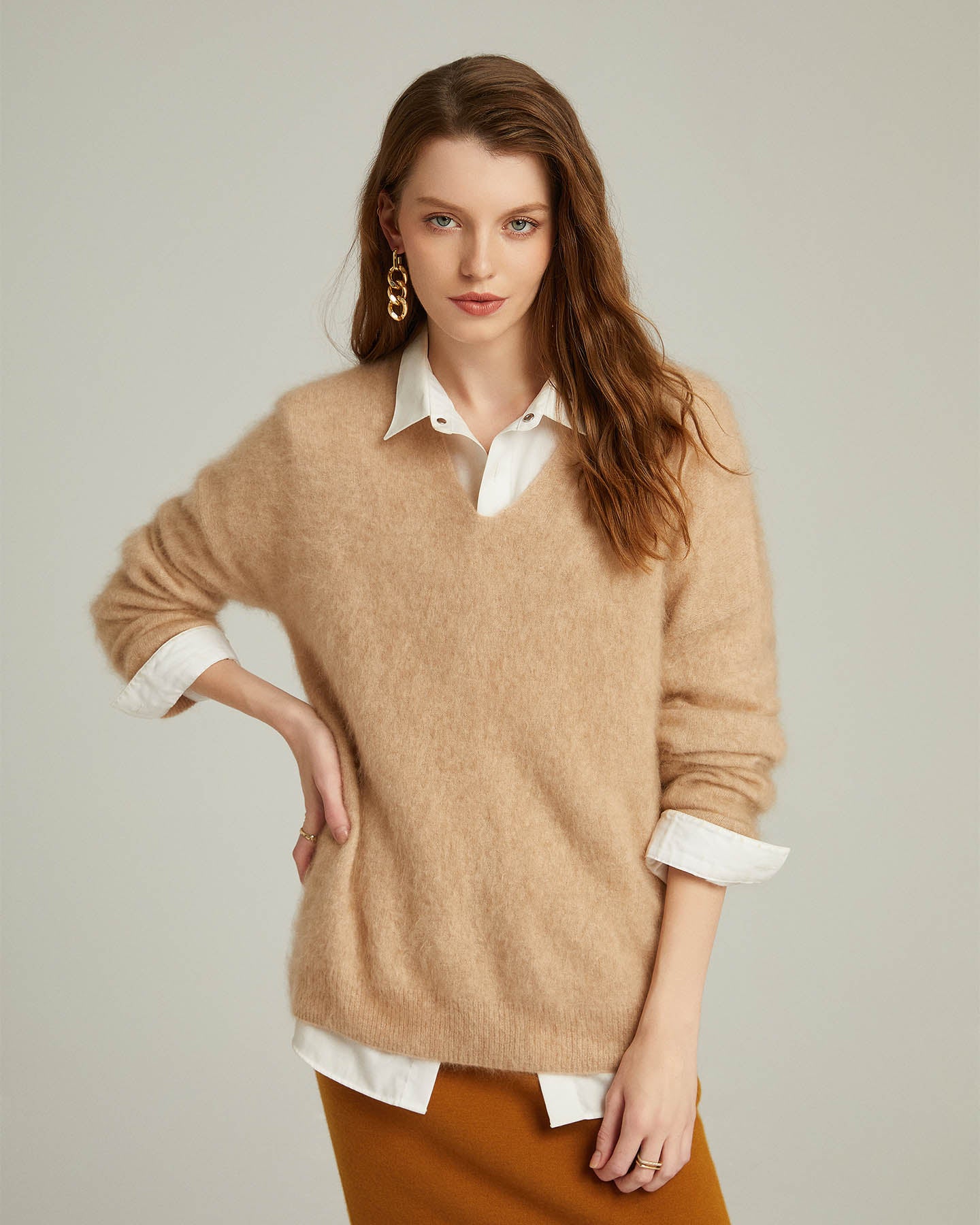 Brushed Cashmere V-neck Pullover Sweater