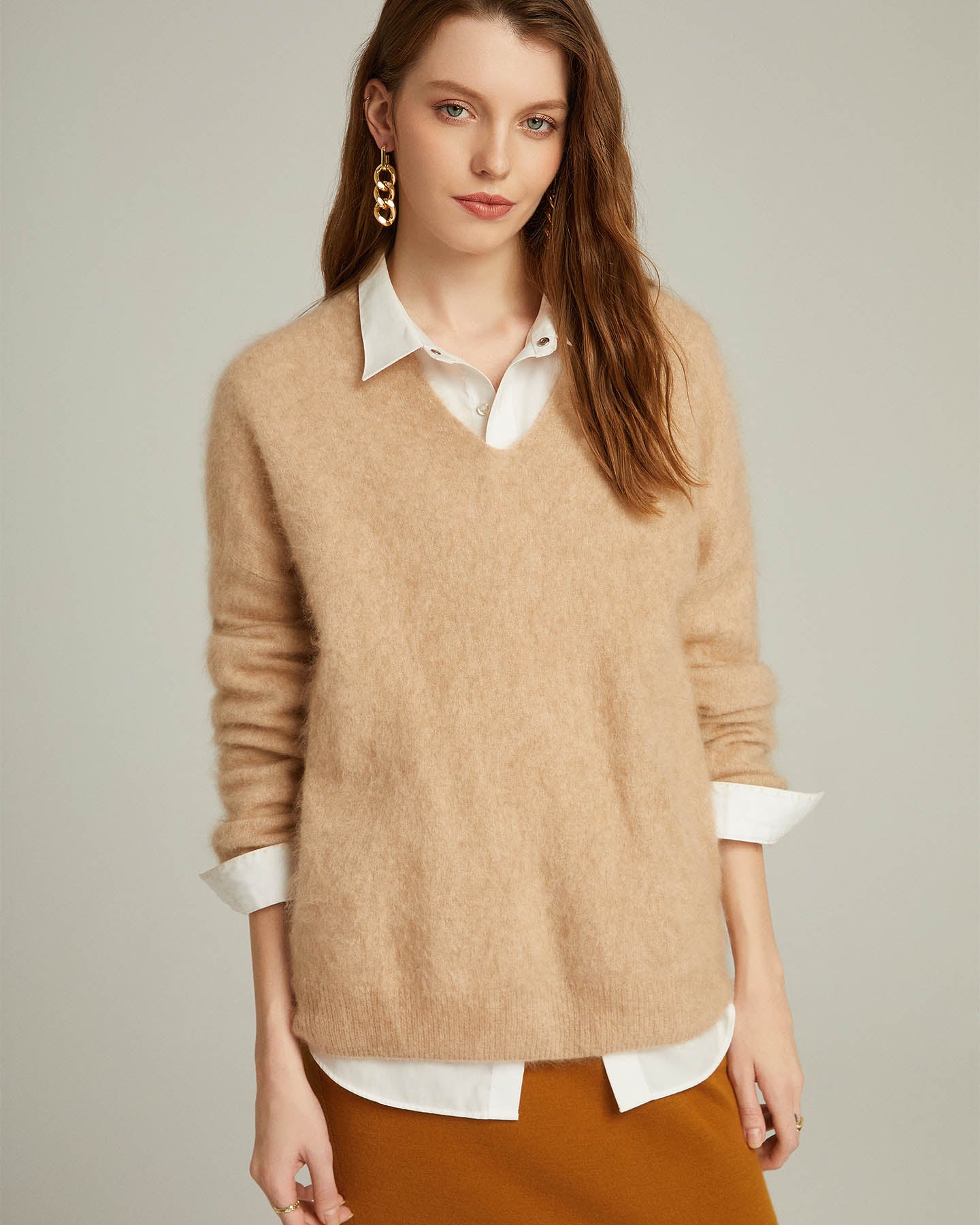 Brushed Cashmere V-neck Pullover Sweater