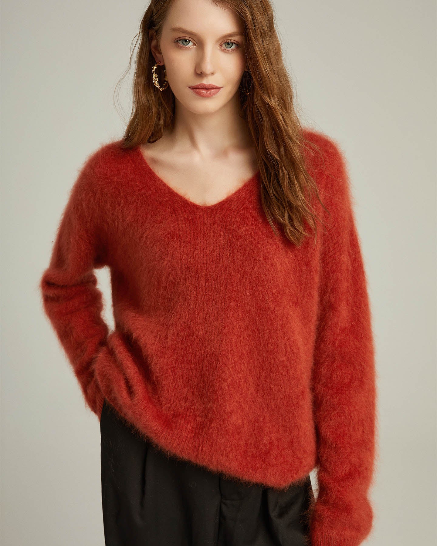 Thickened Brushed Cashmere V-neck Pullover Sweater